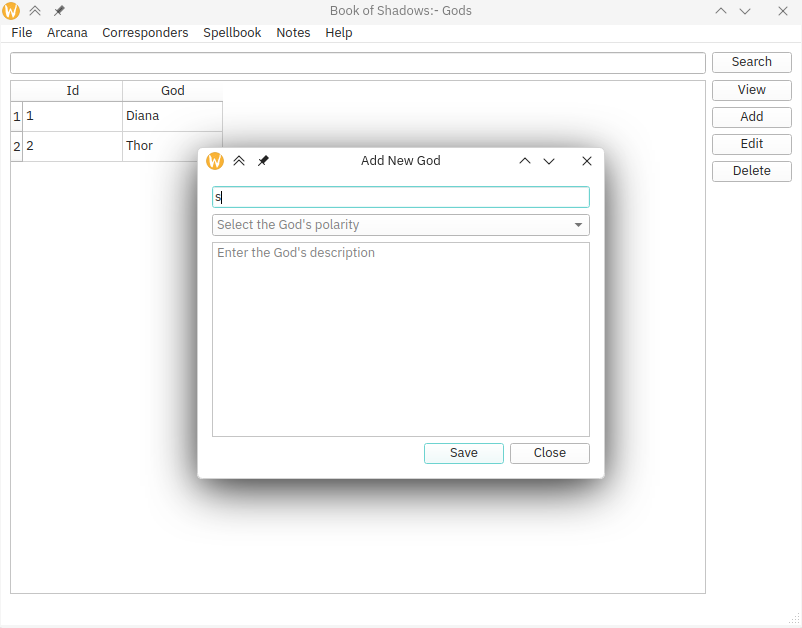 Screen shot of add new god