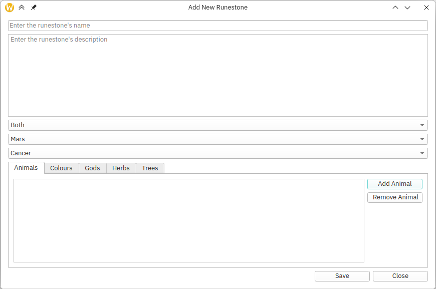 Screen shot of the major arcana form in the book of shadows